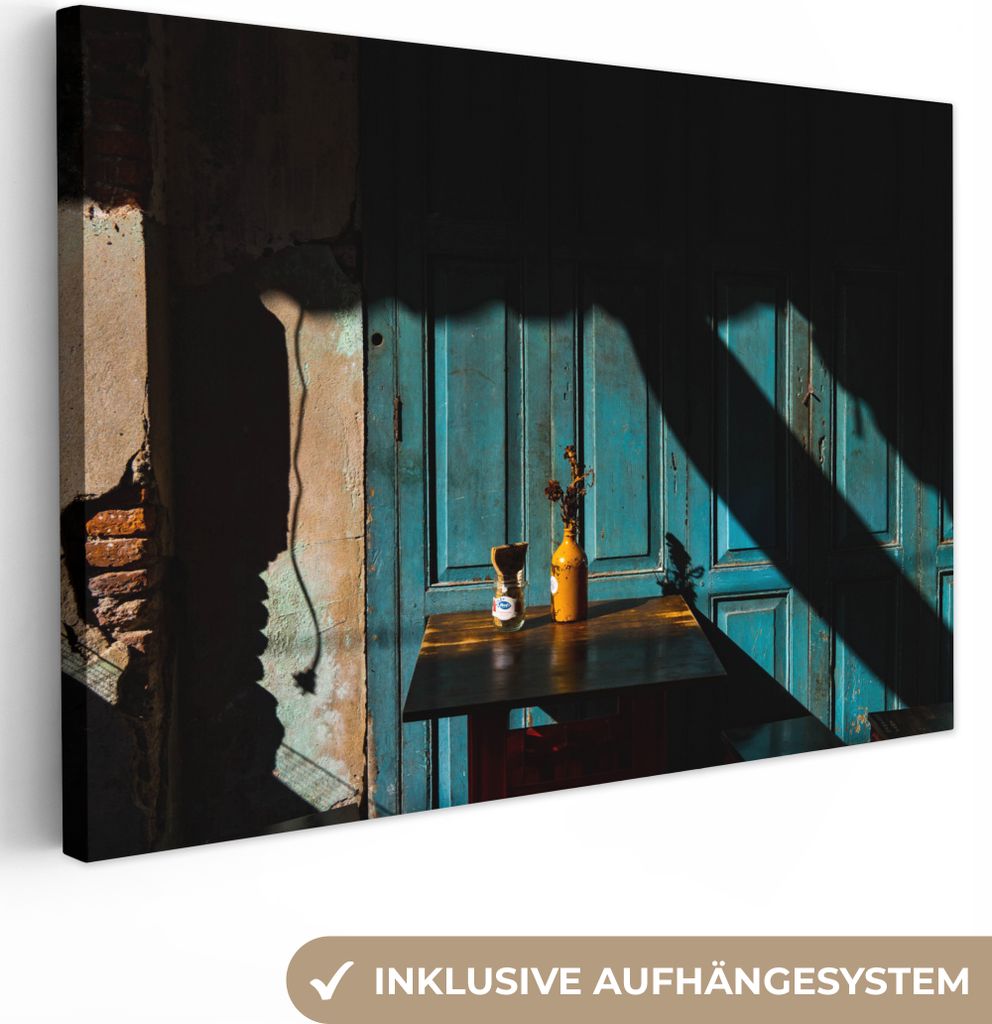 OneMillionCanvasses - Leinwandbilder - 150x100 cm, Tür - Blau - Architektur - Vase, Wandbilder Kunstdruck Wanddekoration - Foto auf Leinwand - G...