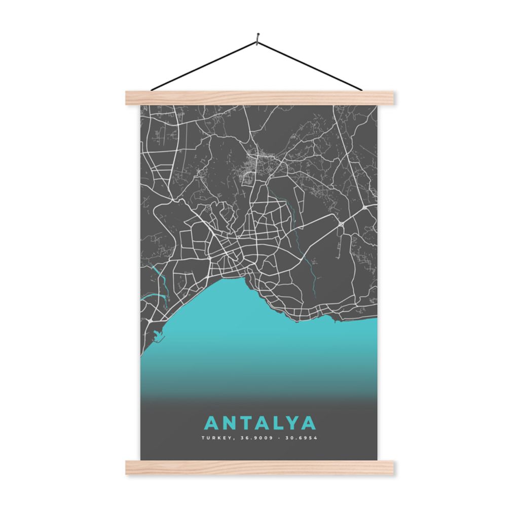 MuchoWow Textilposter Antalya - Stadtplan - Karte - Blau 120x180 cm mit holzfarbenen Rahmen - Textil-Plakat