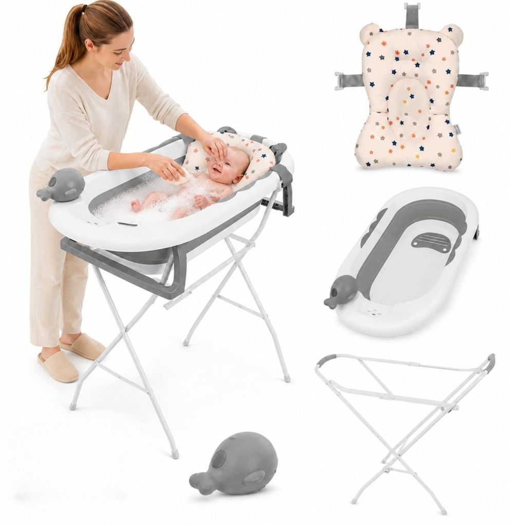 Aluz Faltbare Babybadewanne mit Gestell & Badekissen Weiß Produktbild 