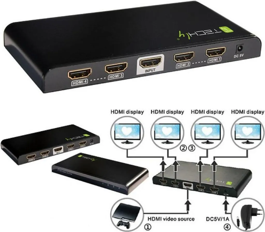 Splitter HDMI 3D Techly boîtier de répartition 4K UHD quatre voies - 12