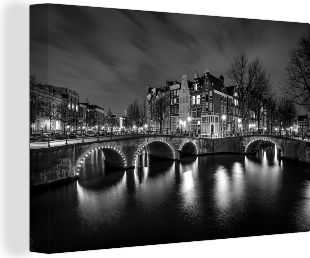 MuchoWow - Leinwandbilder - Keizersgracht Amsterdam bei Nacht - schwarz und weiß, Wandbild, Wanddeko Bilder Wohnzimmer, 60x40 cm