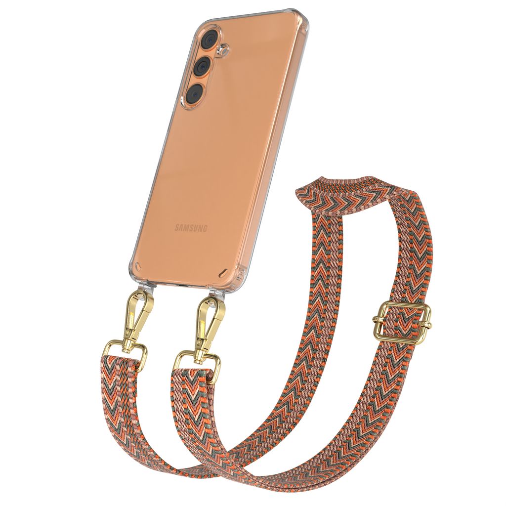 EAZY CASE Handykette - Verstellbarer Trageriemen kompatibel mit Samsung Galaxy S24 Plus, Handykordel mit transparenter Silikon-Hülle, Band in Orange