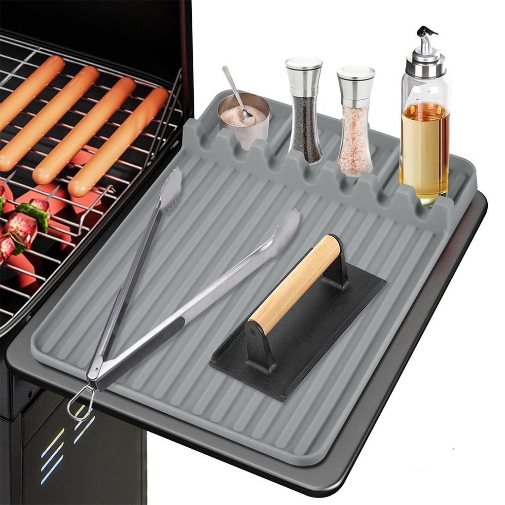 Silikon Grillwerkzeugmatte 40 x 27 cm, Zubehör für Grillplatten, Silikonmatte für Spatel, BBQ Grillmatte für draußen und Küchentheke - Grau.
