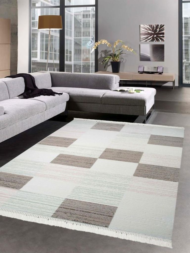 Moderner Teppich Wollteppich Wohnzimmer Teppich Karo beige creme rosa mint grün Größe - 80 x 300 cm
