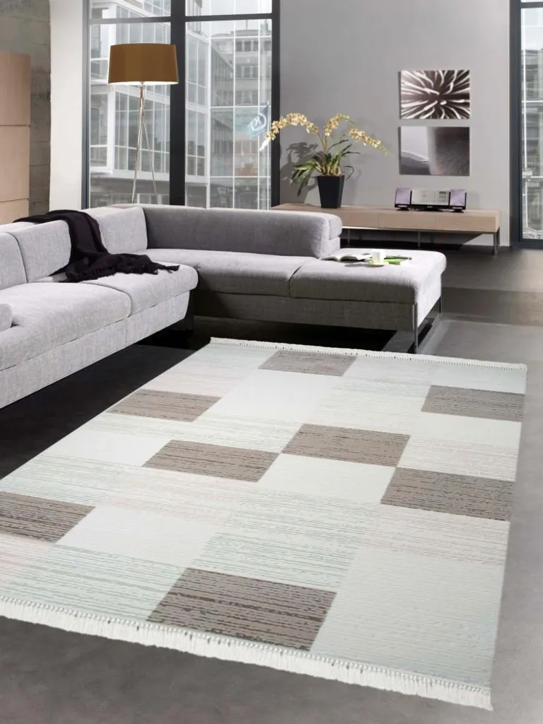 Tapis de salon design en laine coloris crème et vert menthe 80x150cm