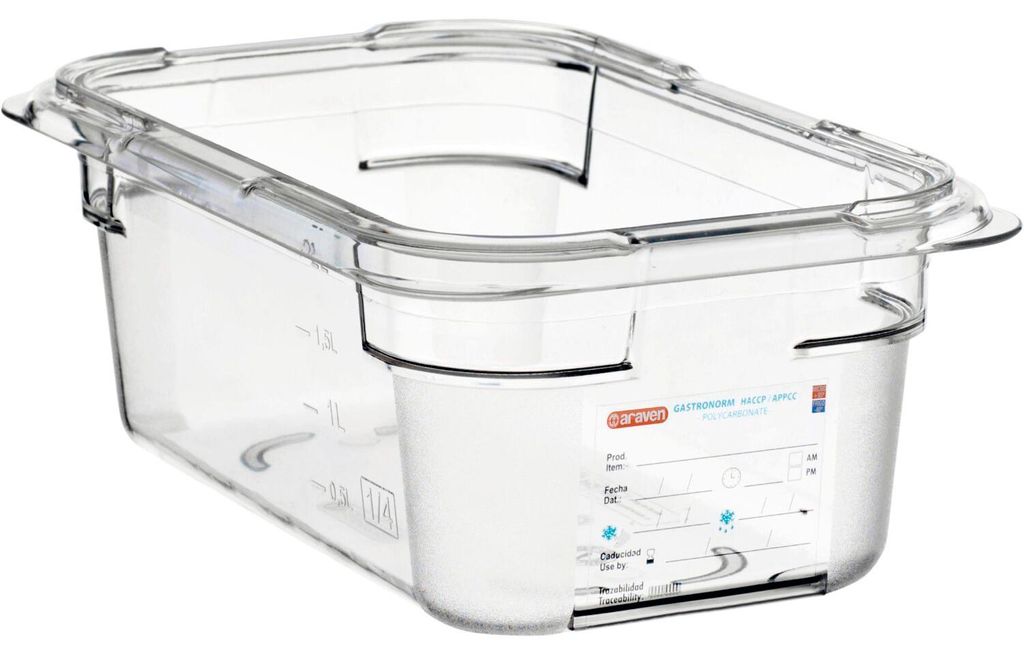 ARAVEN GN-Behälter 1/4, Polycarbonat, Tiefe: 100 mm, Inhalt: 2,6 L