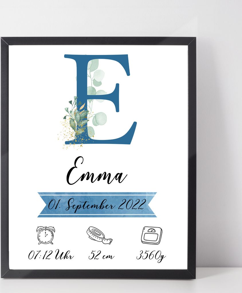 Personalisiertes Geburtsposter Name Uhrzeit Größe Gewicht | Kinderzimmer Babygeschenk | Geburt Baby Poster – A3 (29.7x42cm) / Blau / ohne Bilde...