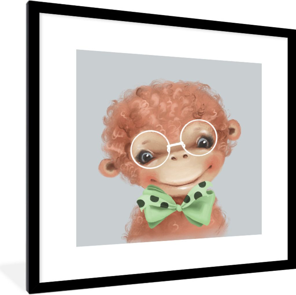 MuchoWow Gerahmtes Poster Affe - Kinder - Schleife 40x40 cm - Poster mit Schwarzem Bilderrahmen Wandposter Rahmen Foto Bilder - Poster - Plakat i...