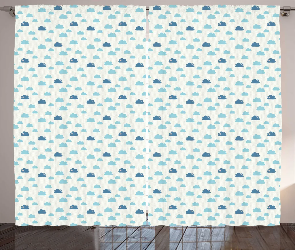 Rideau à fronces ABAKUHAUS nuages et pois cœurs bleu ciel 280 x 225 cm