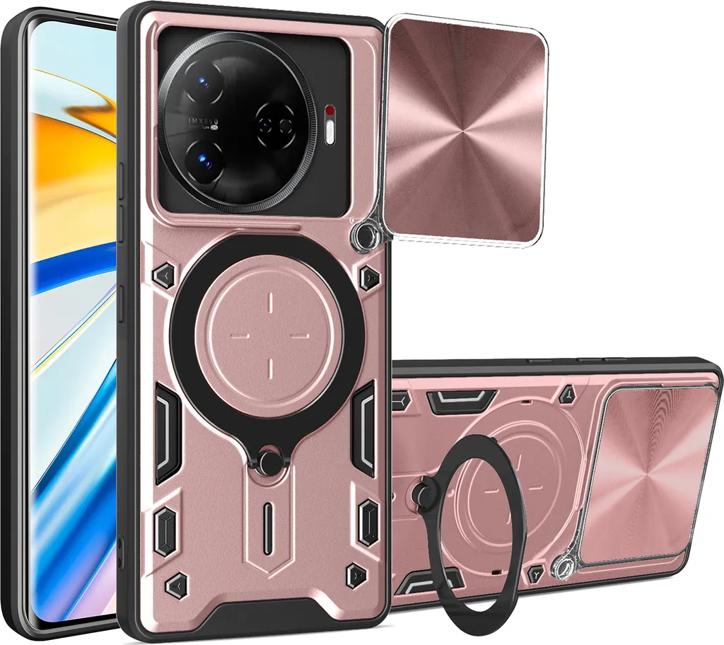 Custodia per Tecno Camon 30 Pro 5G Custodia resistente a doppio strato con copertura della fotocamera e supporto ad anello Rosa