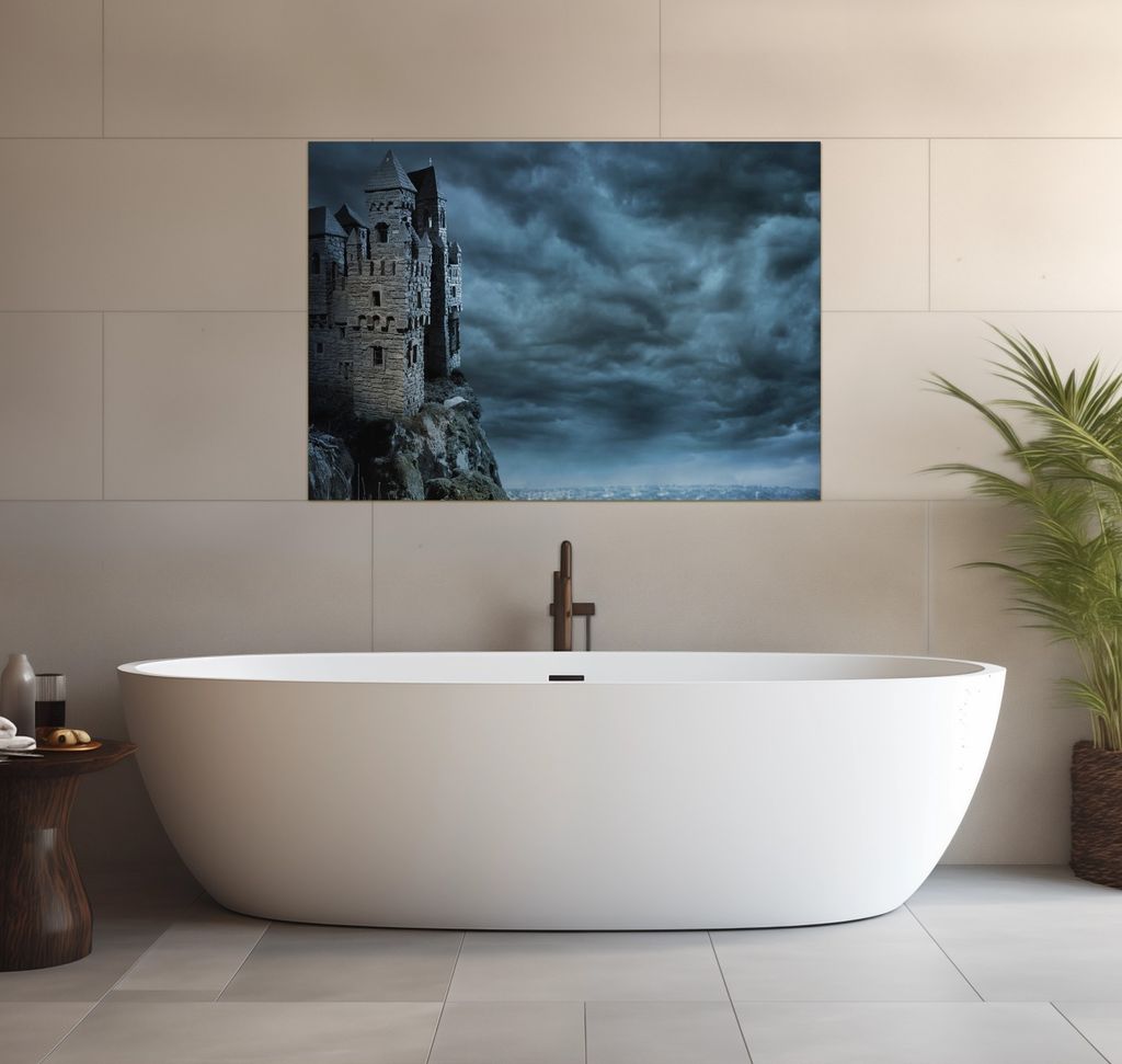 Wallario wasserfestes Poster selbstklebend 70 x 100 cm, Altes Geisterschloss, Badezimmerposter Spritzschutz mit Hochglanzoberfläche in Glasoptik