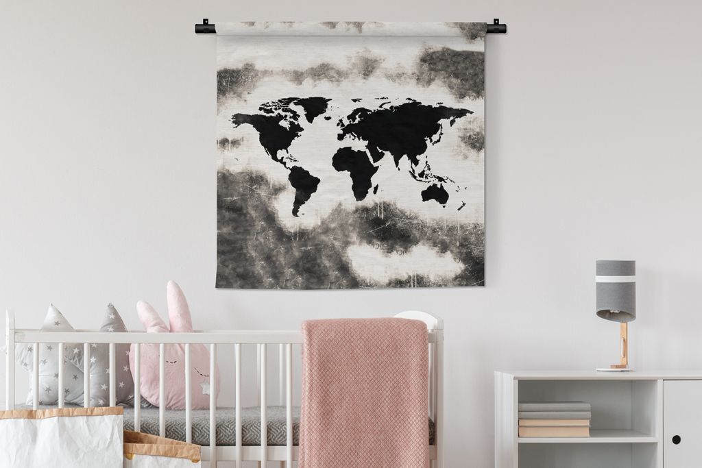 MuchoWow® Wandteppich Wandbehang Weltkarte - Schwarz - Holz Produktbild 