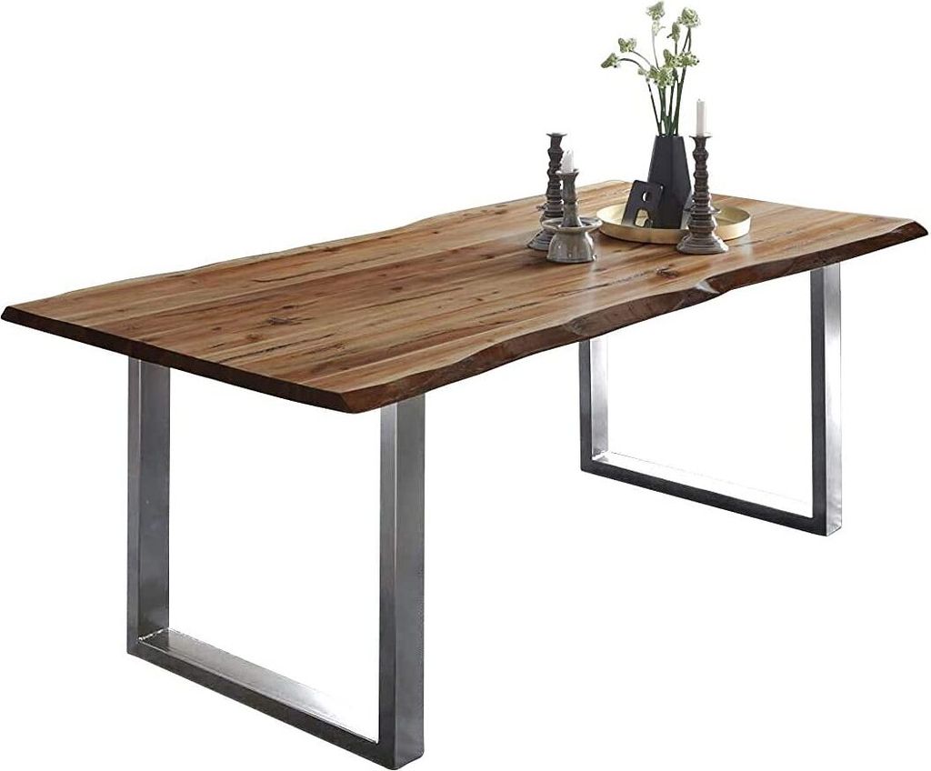 Baumkantentisch 180x90 cm Mephisto, Akazienholz massiv + naturfarben lackiert, Esstisch mit Edelstahl U-Gestell gebürstet, Esszimmertisch/Holztisc...