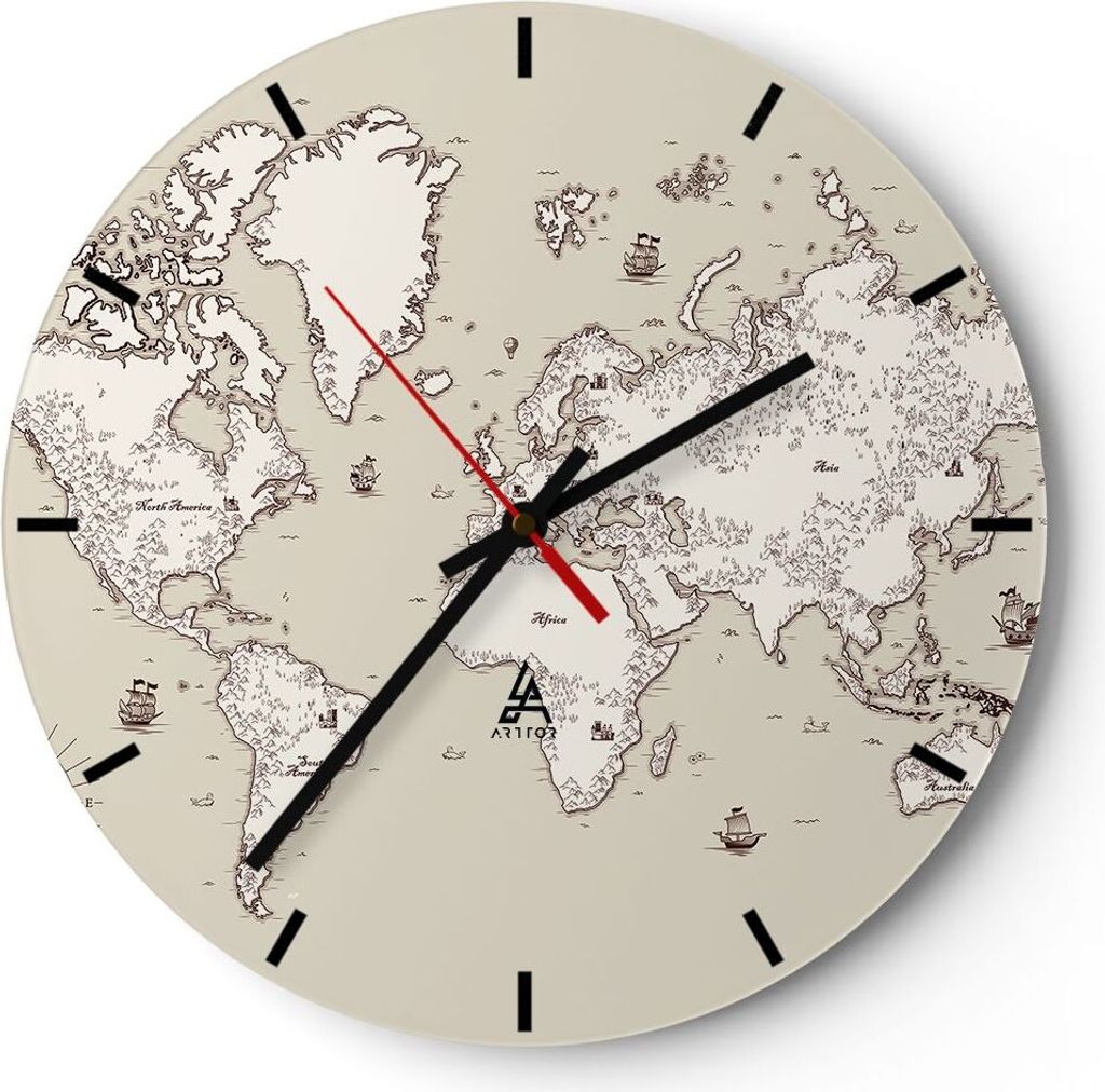 Wanduhr - Rund - Glasuhr - Karte Welt Klassiker Kontinente - 30x30cm - Schleichendes Uhrwerk - Lautlos - zum Aufhängen bereit - Dekoration Modern ...
