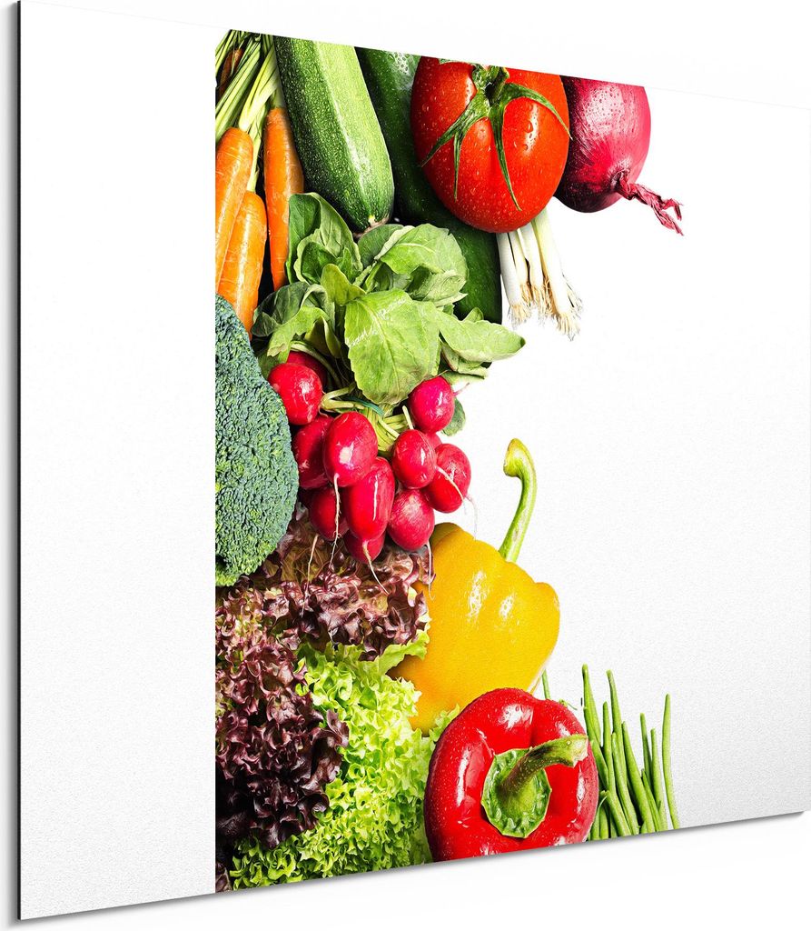 DEQORI Alu-Dibond Bild Weiß 40x30 cm 'Schiefertafel mit Gemüse' Wandbild Metall dünn