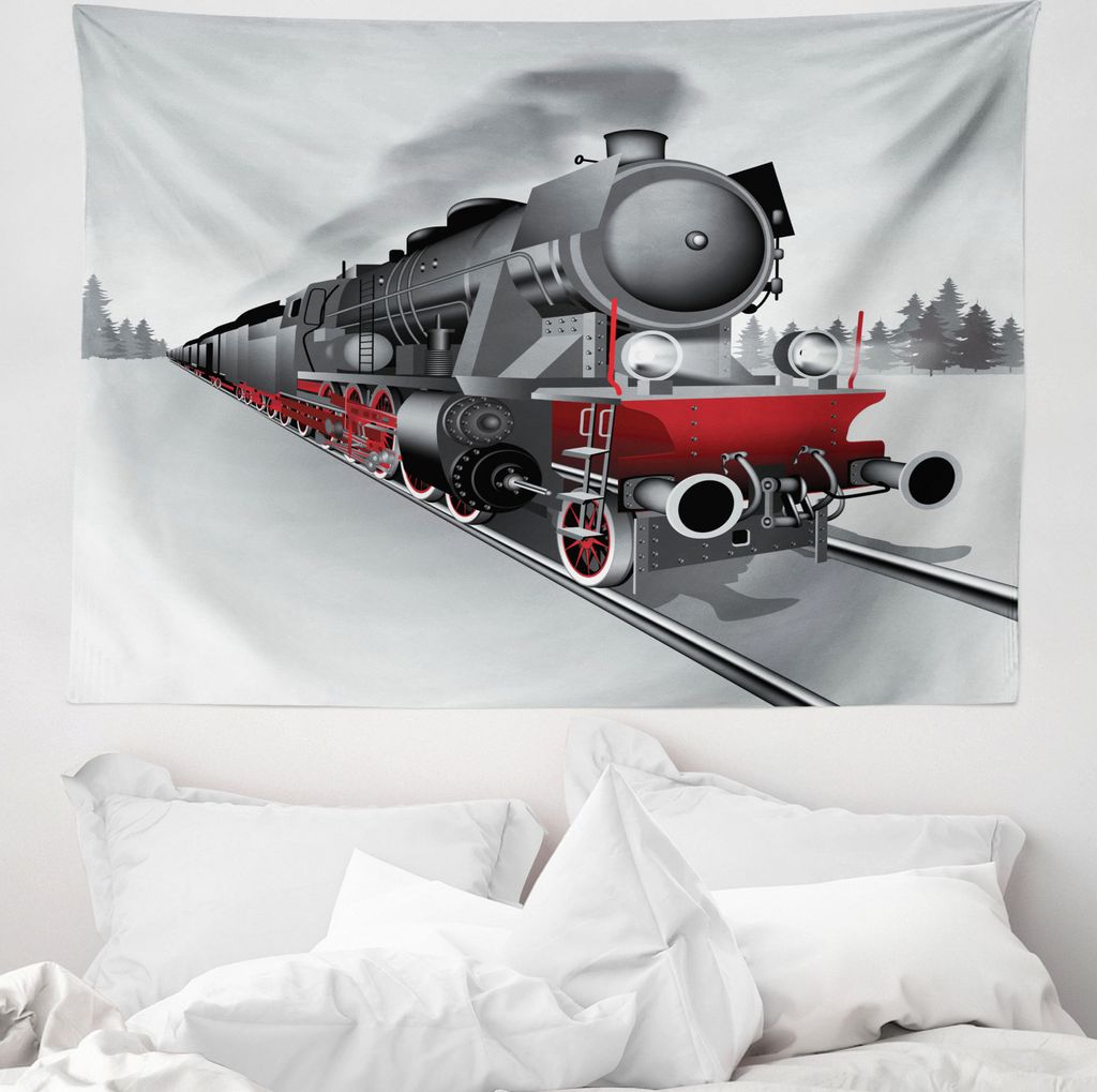 ABAKUHAUS Dampfmaschine Wandteppich, Bahnzug Kunst aus Weiches Mikrofaser Stoff Waschbar ohne Verblassen Digitaldruck, 150 x 110 cm, Grau und Rot