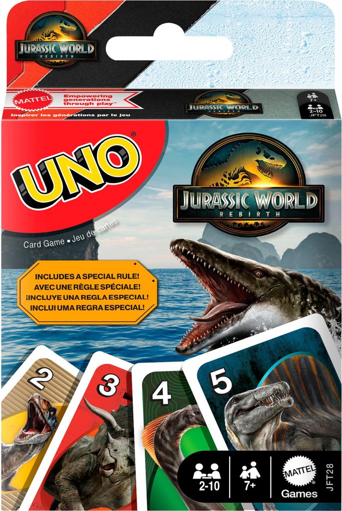 Games UNO Jurassic World Rebirth Kartenspiel für Kinder, Familien und Erwachsene, Kartenspiel, Abwurf, 7 Jahr(e)