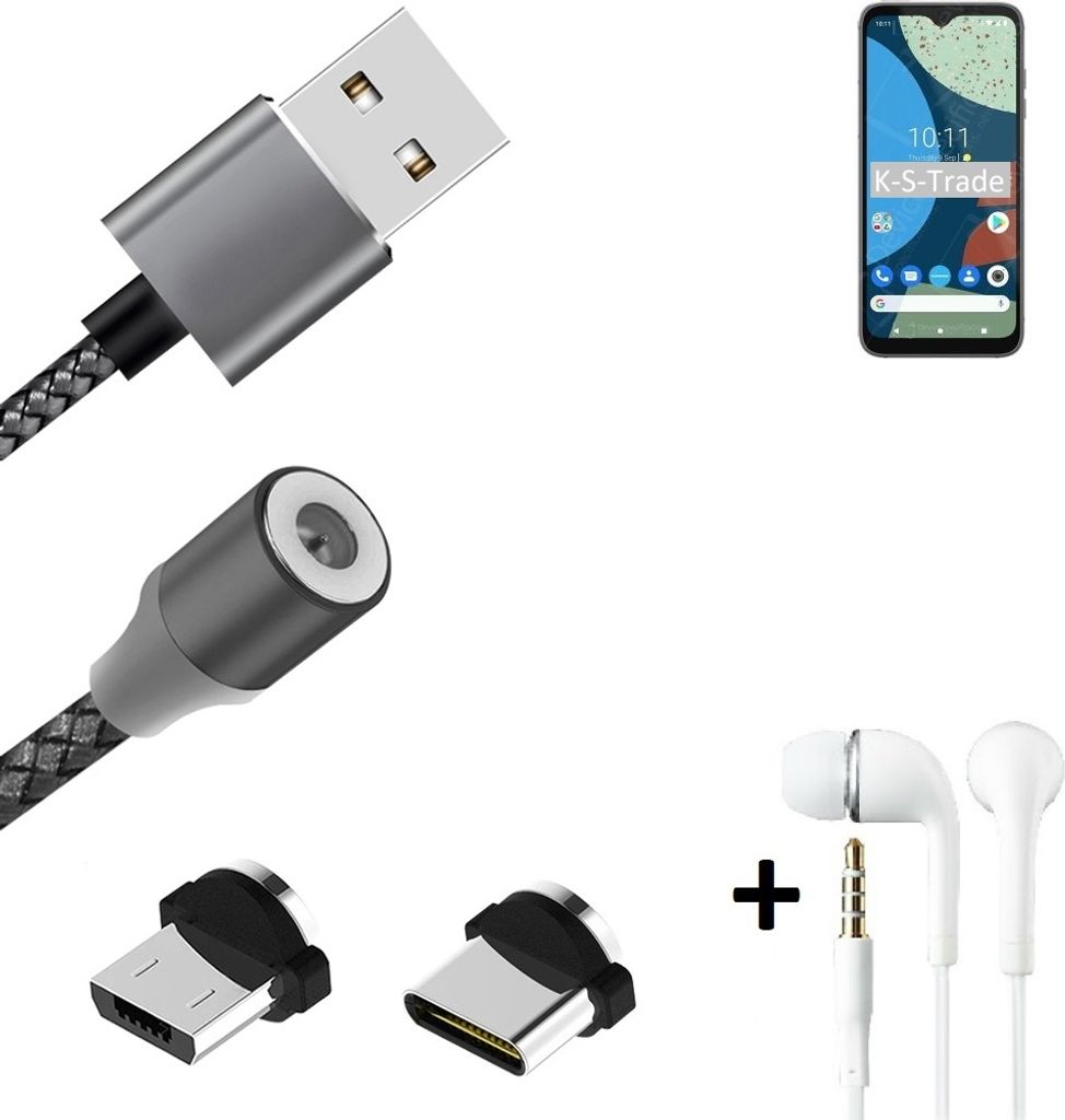 K-S-Trade Hochwertiges Magnet-Lade-kabel Sync-Kabel Daten-Kabel + Kopfhörer für Fairphone 4 mit USB-Typ-C-Anschluss und Micro-USB-Anschluss 2A bis