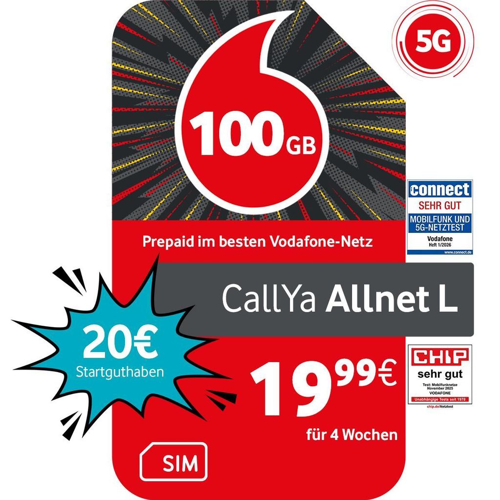 Vodafone Prepaid CallYa Allnet L | 100 GB | 20 EUR Guthaben | ohne Vertrag | 5G | Allnet Flat | EU-Roaming | weltweit nutzbar