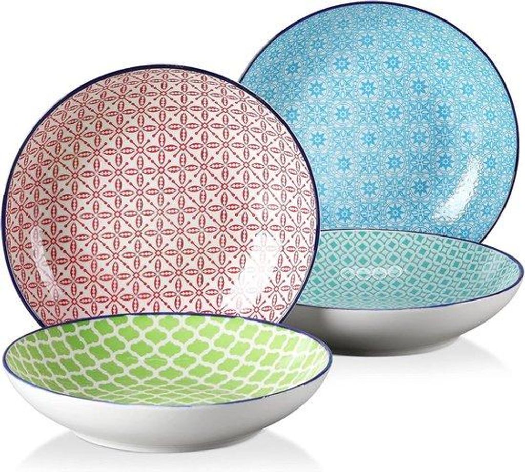 4er-Set tiefe Teller im japanischen Stil – große Pastateller aus Porzellan – farbenfrohes Suppenteller-Set 21,5 cm oder 4,5 cm – coole Teller