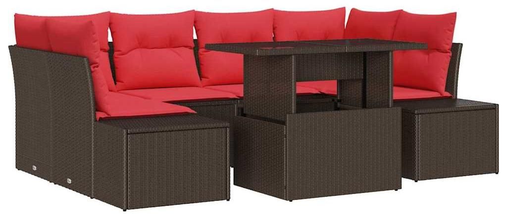 vidaXL Sofa Set mit Kissen 7 pcs Braun und Rot Poly-Rattan