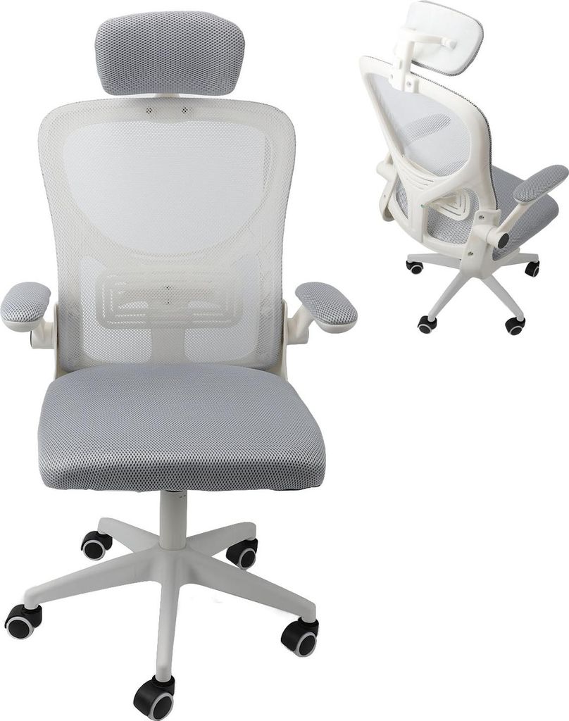 Bürostuhl Mesh High Back Desk Chair mit Lendenwirbelstütze 3D Kopfstütze 90 Grad drehbare Armlehnen Räder Bequemer Gaming Stuhl Grau