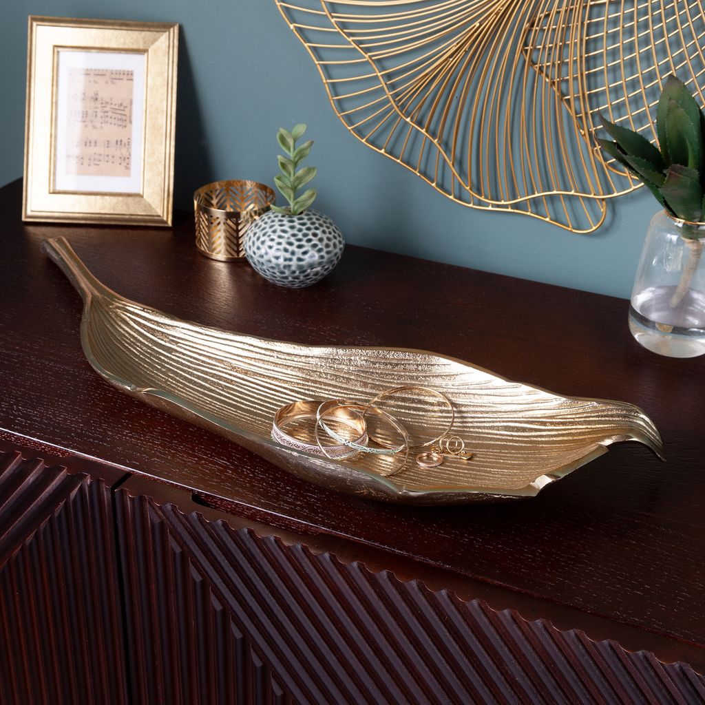 Elegante Deko Schale LEAF 64cm gold Aluminium handgefertigt