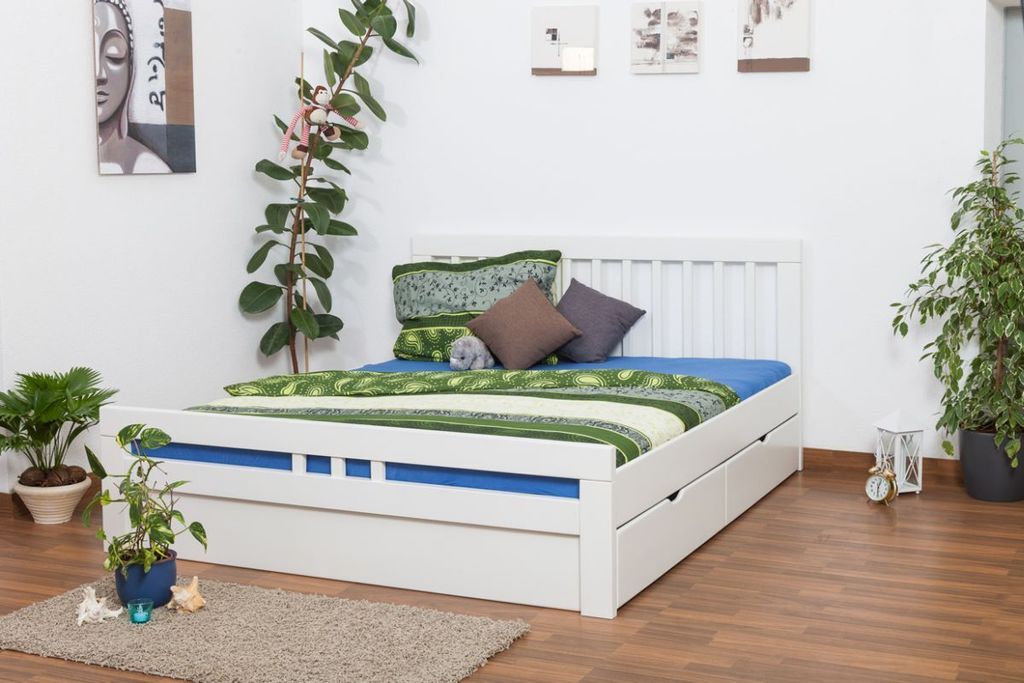Doppelbett / Jugendbett "Easy Premium Line" K8 inkl. 2 Schubladen und 1 Abdeckblende, 180 x 200 cm Buche Vollholz massiv weiß lackiert