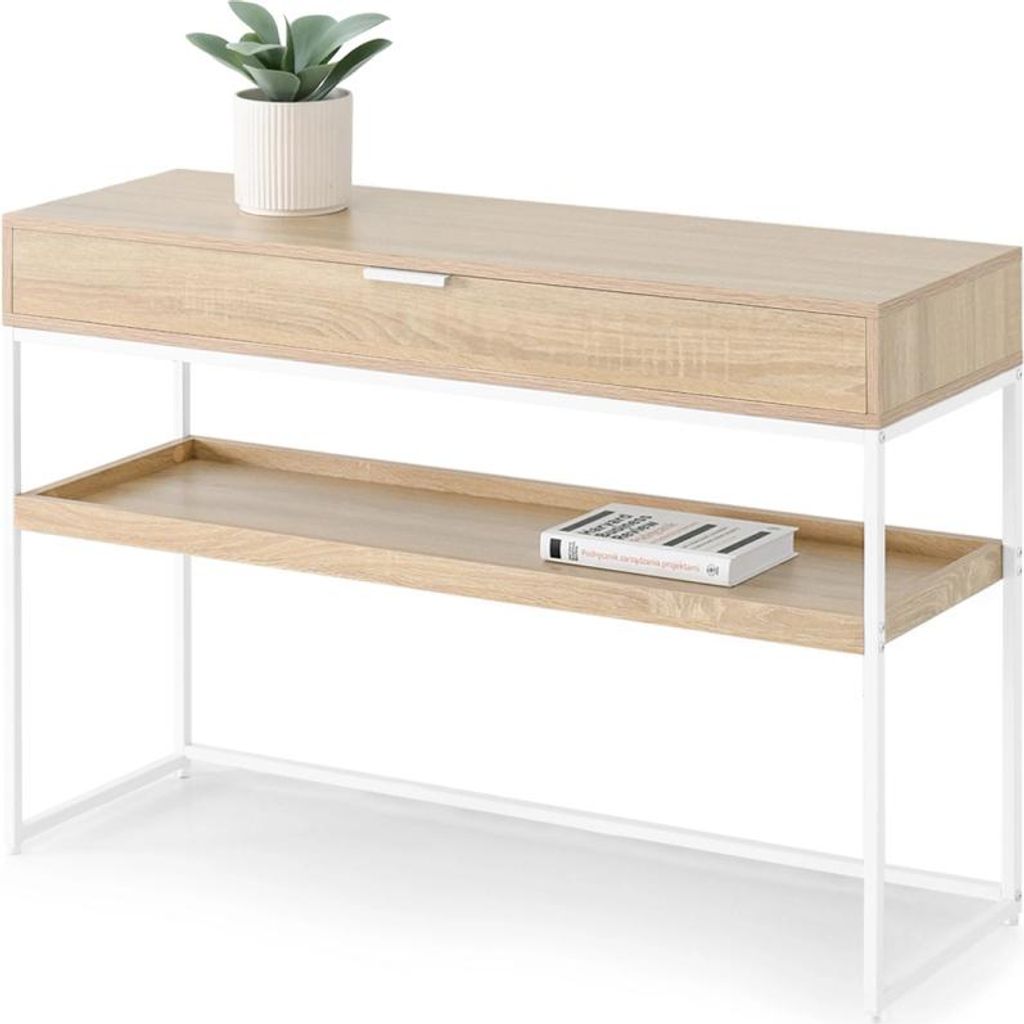 A console table with a shelf and a drawer, displayed against a white background.