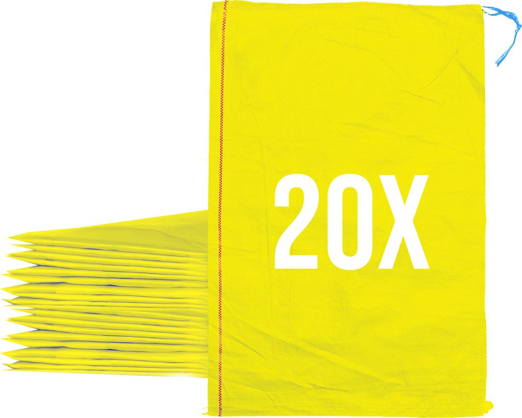 Bazko Leere Hochwasser Sandsäcke zum Befüllen 20 Stück | 50x80 cm | gelb | PP Gewebesack | Gartensack mit Zugband