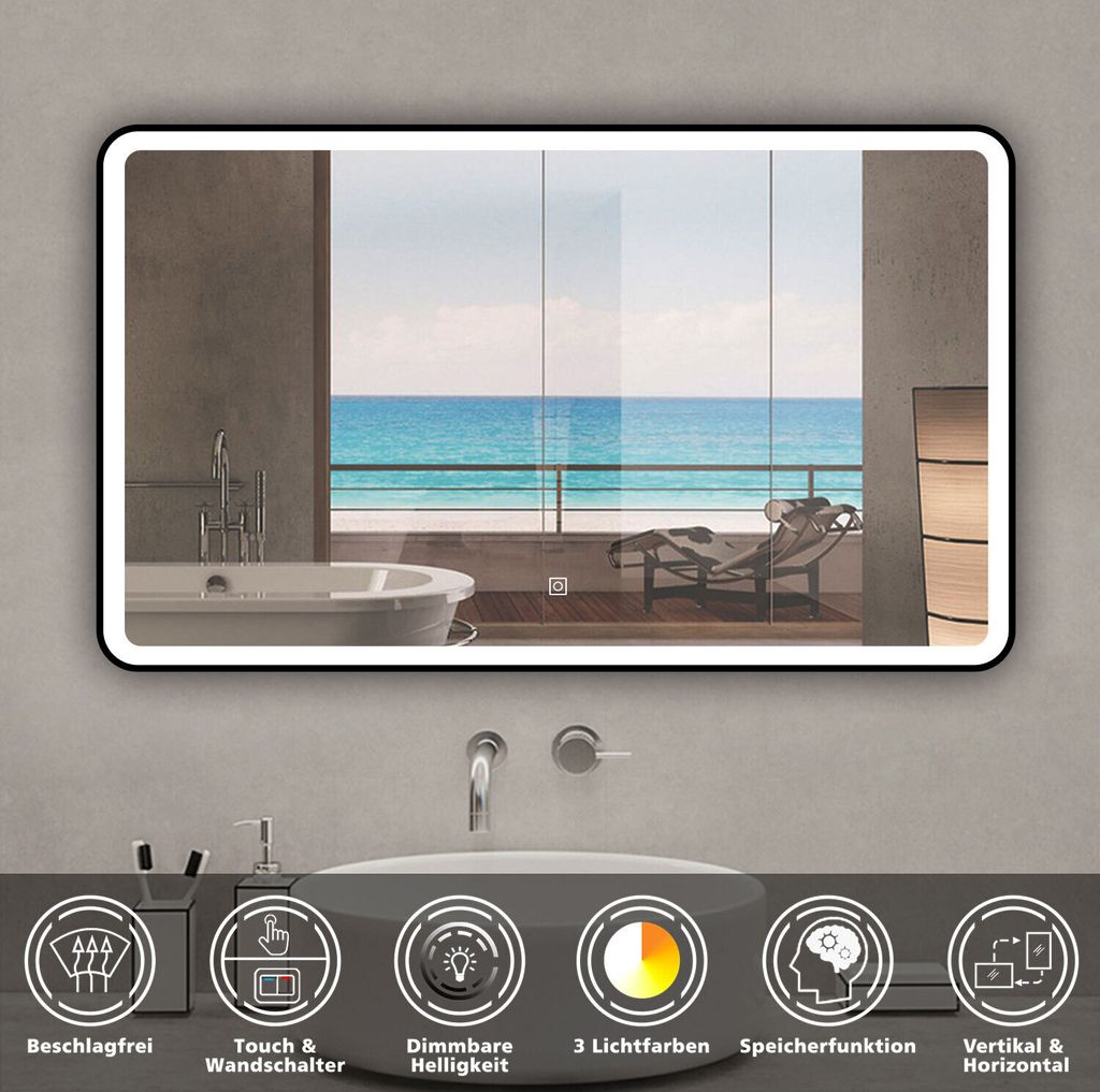 LED Spiegel Schwarzer Rahmen Badspiegel mit 100X60cm Warm/Neutral/Kaltweiß Dimmbar Speicherfunktion Touch/Wandschalter Beschlagfrei Wandspiegel De...