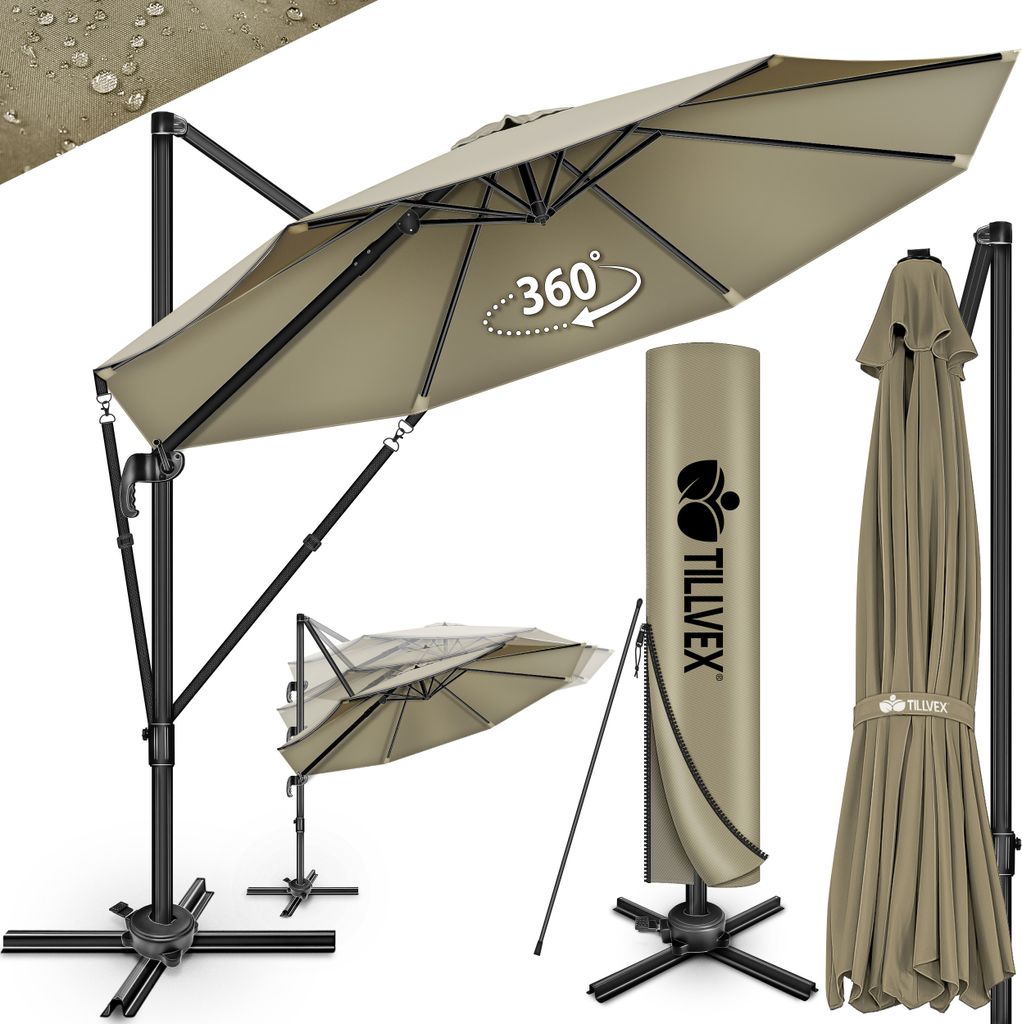 A collage of images showing a tan cantilever umbrella in various states and with its cover.