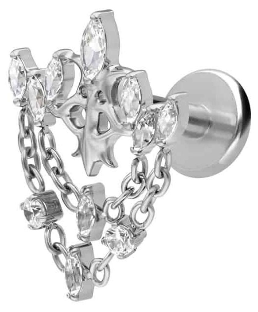 Ohrpiercing, Nasenpiercing Titan Labret mit Innengewinde GOTISCHE KRONE + KETTEN Silber Stablänge: 8mm | Stabstärke: 1,2mm