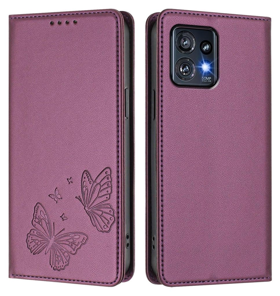 Lederhülle für Motorola Edge 40 Pro / Edge+ 2023, Schmetterling Prägung Leder Brieftasche Schutzhülle mit Ständer Lila