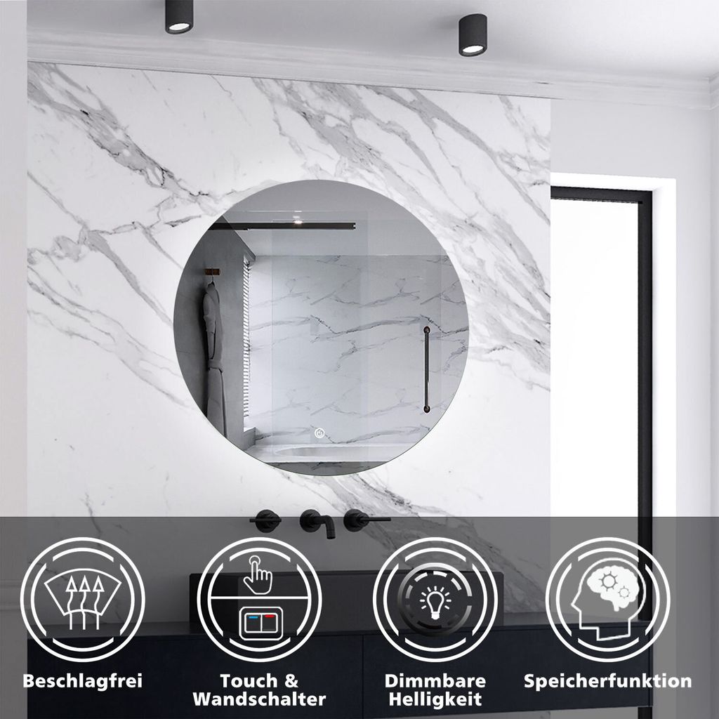 AICA LED Badspiegel Rund 70cm Wand/Touchschalter Beschlagfrei Kaltweiß Dimmbar Badspiegel mit Beleuchtung Badezimmerspiegel Lichtspiegel IP44