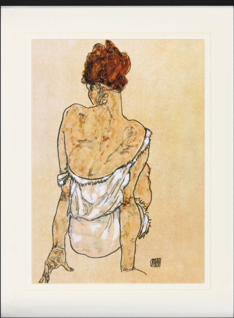 Egon Schiele Gerahmtes Bild Mit Edlem Passepartout | Wand-Bilder | Im Bilderrahmen - Sitzende In Unterwäsche Rückenansicht, 1917 (80 x 60 cm)