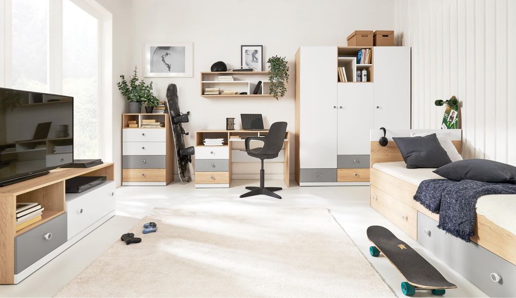 Schlafzimmer-Set – 6-teilig – PIXEL System – Kleiderschrank, Schreibtisch, Kommode, TV-Lowboard, Wandregal & Bett – Sonoma Eiche / Grau