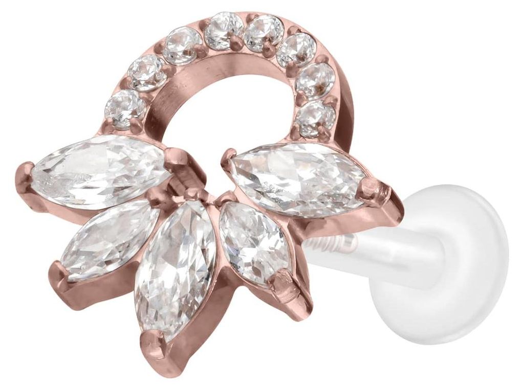 Ohrpiercing, Nasenpiercing PTFE Labret mit Innengewinde + Titan-Aufsatz KRISTALLRASSEL RoséGold Stablänge: 8mm | Stabstärke: 1,6mm