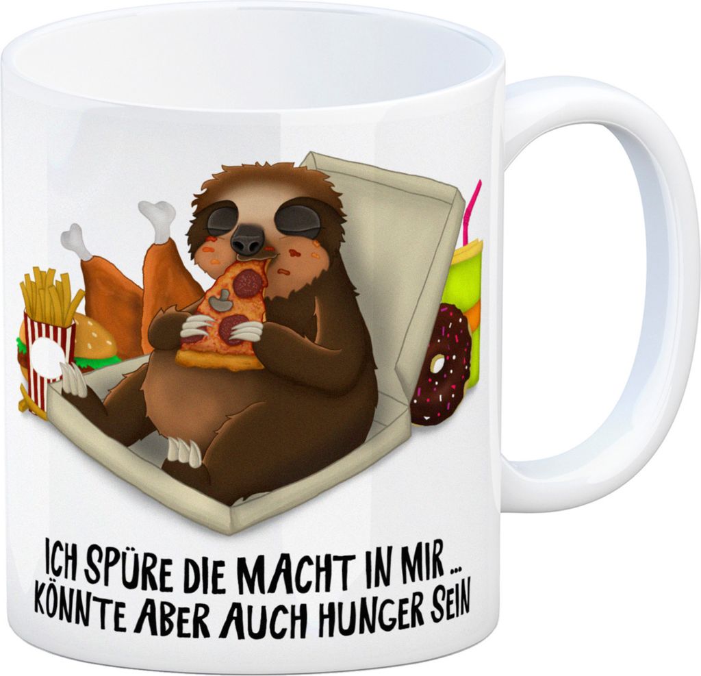 Kaffeebecher mit fressendes Faultier Motiv und Spruch: Ich spüre die Macht in