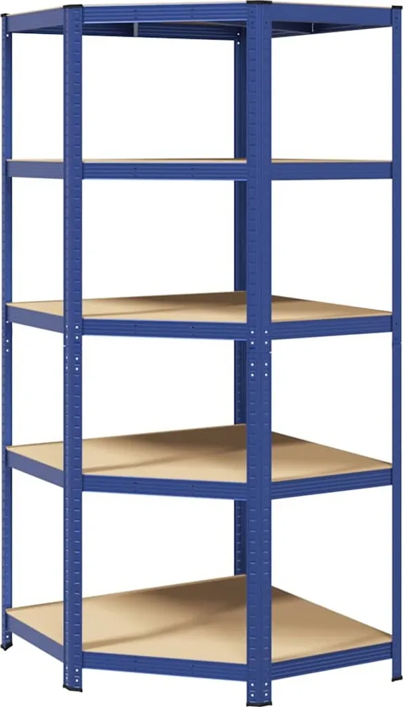 Étagère d'angle 5 tablettes bleu en acier et bois composite robuste