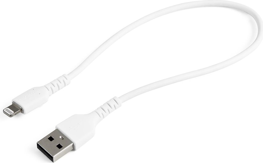 StarTech.com 12 in(30cm) Durable White USB-A to Lightning Cable, Heavy Duty Rugged Aramid Fiber USB Type A to Lightning Charger/Sync Power Cord, Ap...