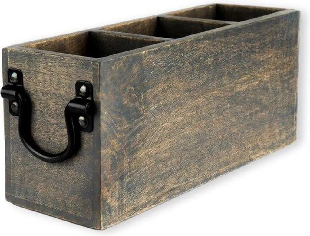 Panier en bois gris à 3 compartiments avec poignées en métal robuste