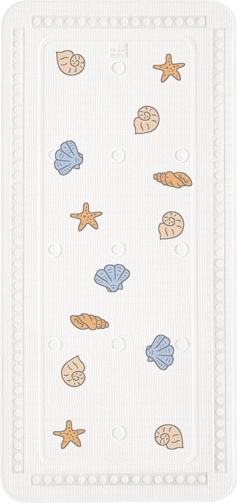 A white bath mat with a pattern of seashells and starfish.