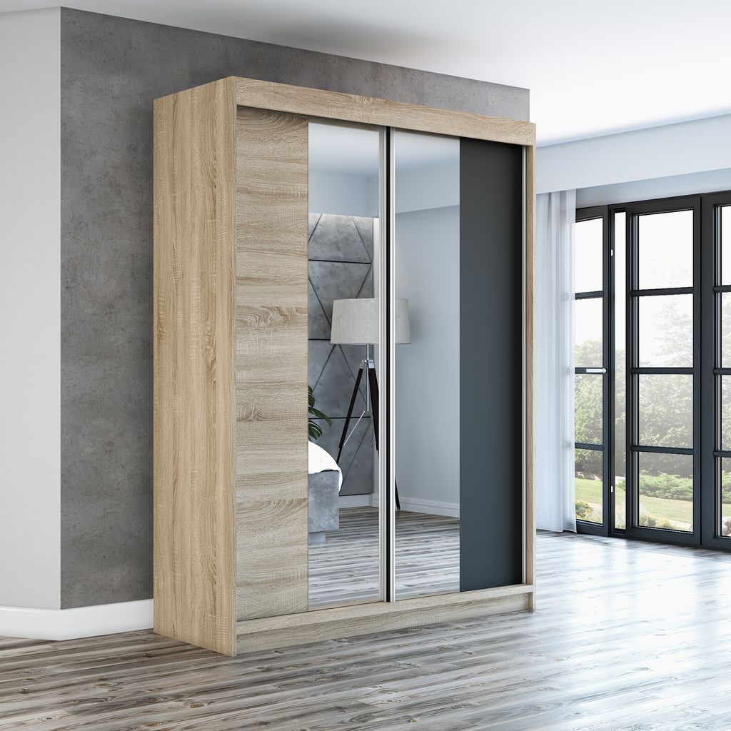 Schwebetürenschrank, 2-türig Schrank mit Spiegel! Moderne Garderobe für Kleidung. Verschiedene Farben (Weiß, Schwarz, Somona) Kleiderschrank NE...
