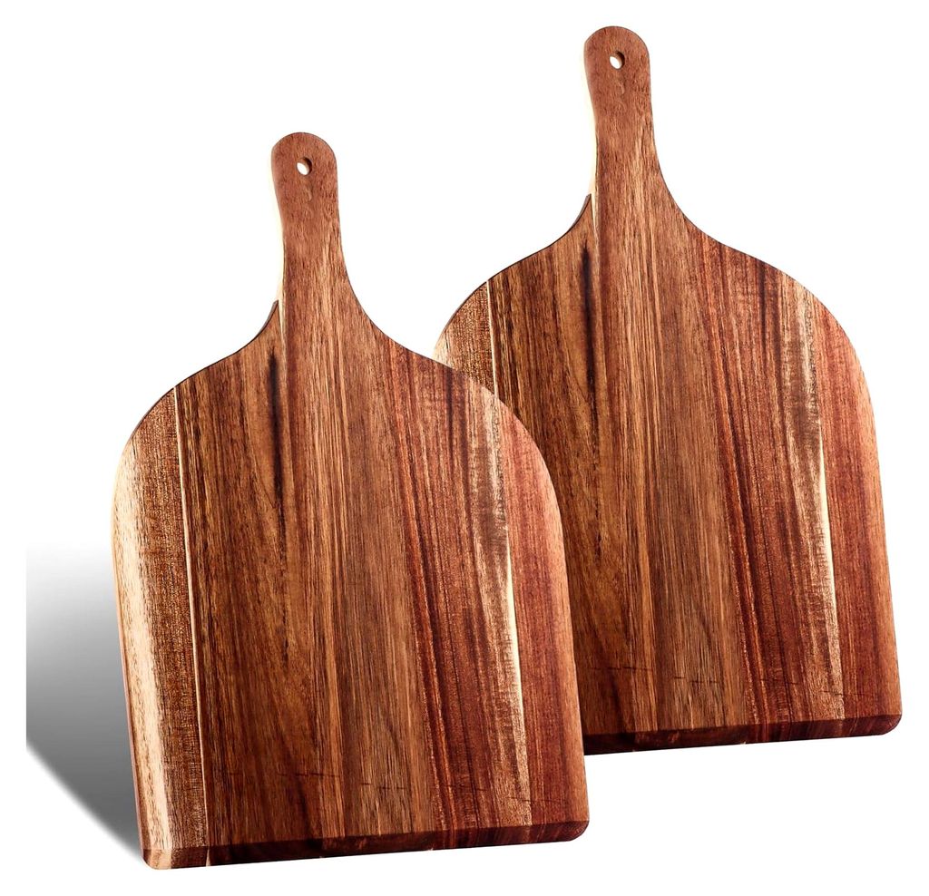 2 Stück 42 cm Pizzabrett aus Akazienholz, großer Pizzaschieber, Pizzateller aus Holz für Pizza, Focaccia oder Brot 42x30x1cm