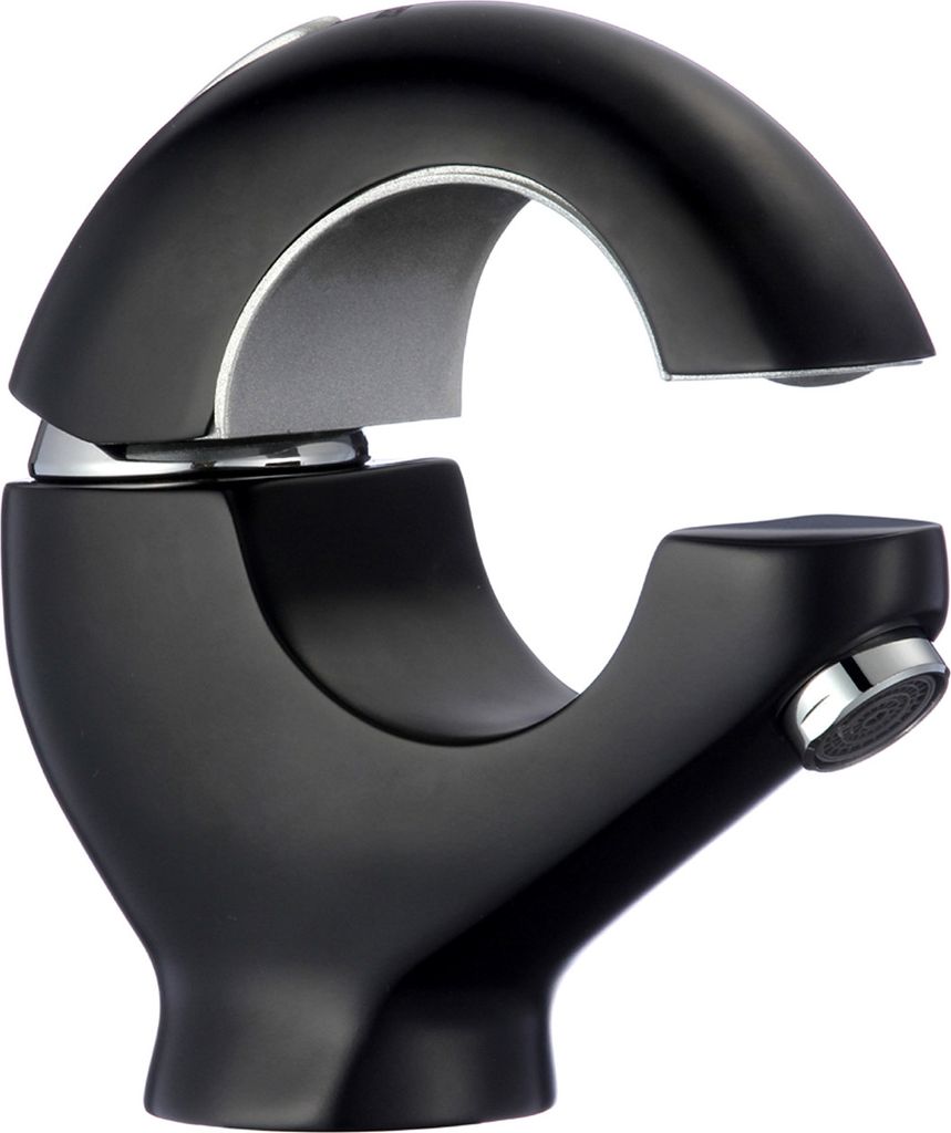 A black designer faucet on a white background.