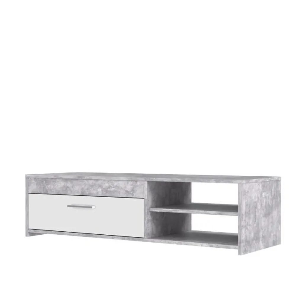 Meuble TV blanc 120cm finition béton - Structure rigide et design épuré