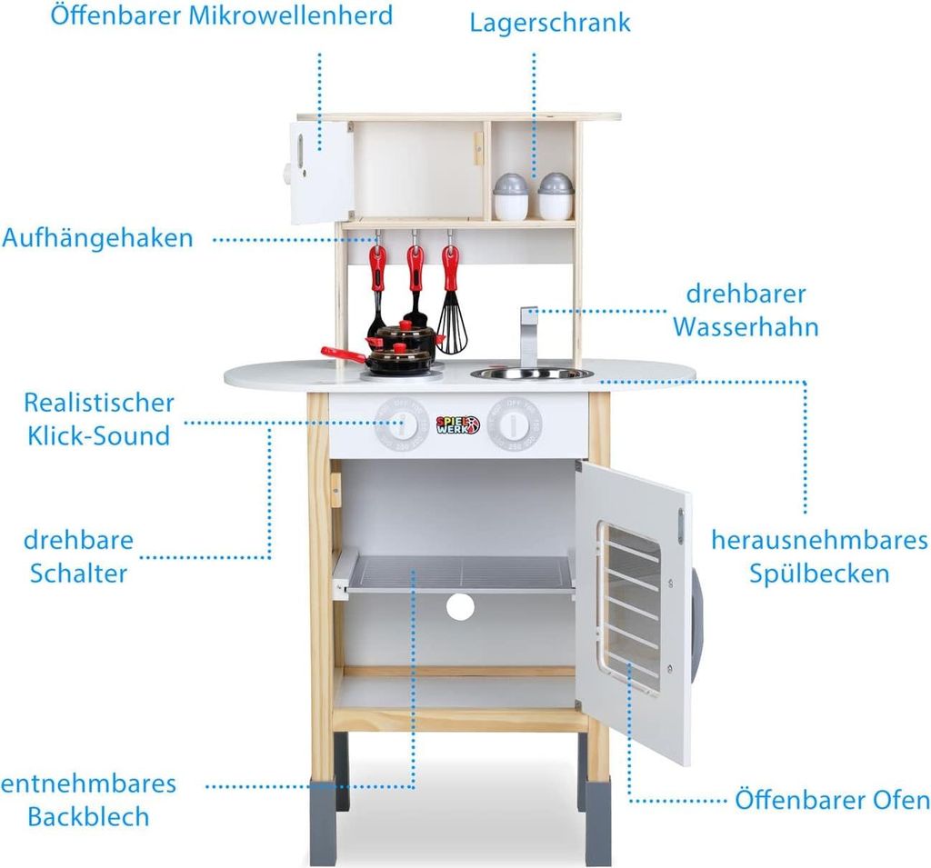 Spielküchenset aus Holz mit 35 Zubehörteilen, höhenverstellbar