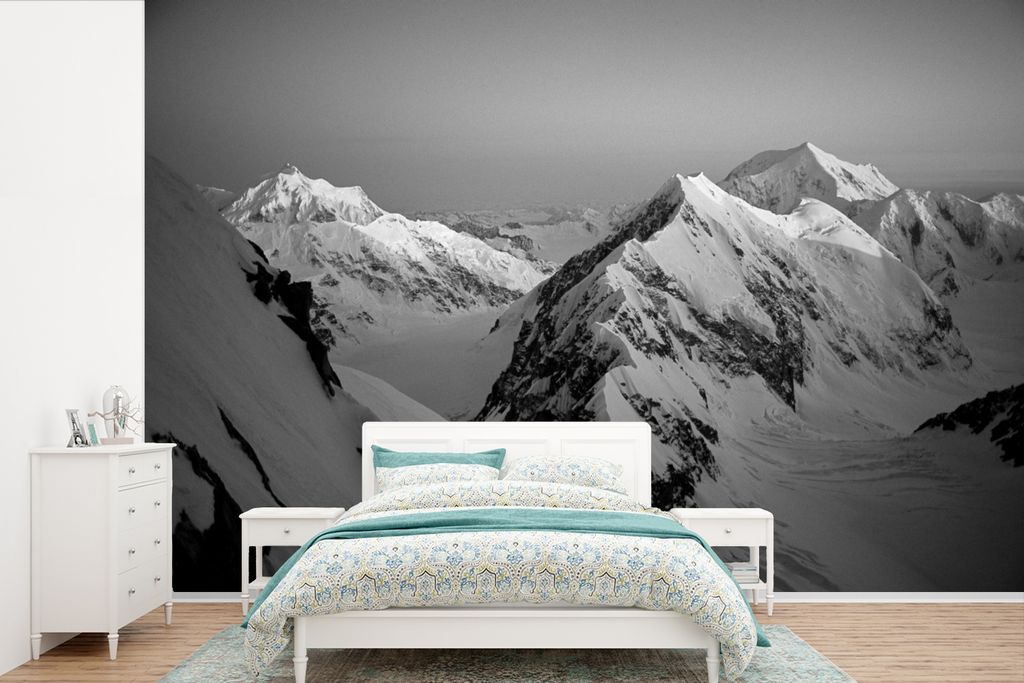 MuchoWow Fototapete für Wohnzimmer oder Schlafzimmer Wandtapete Vinyl Motivtapete Mount MCKinley im Denali-Nationalpark - schwarz und weiß - 39...