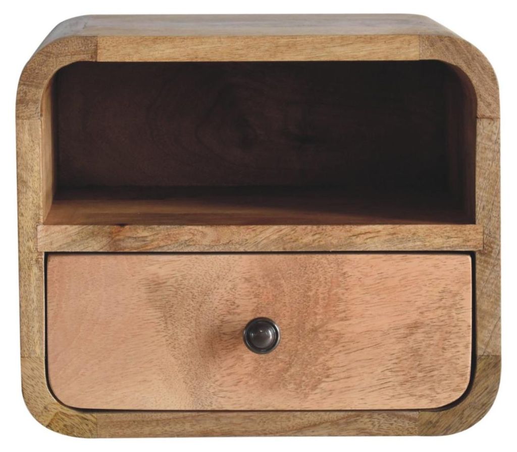 Artisan Furniture Massivholz-Extra-Mini-Nachttisch in Eichenoptik, gewölbt, wandmontiert, mit offenem Fach